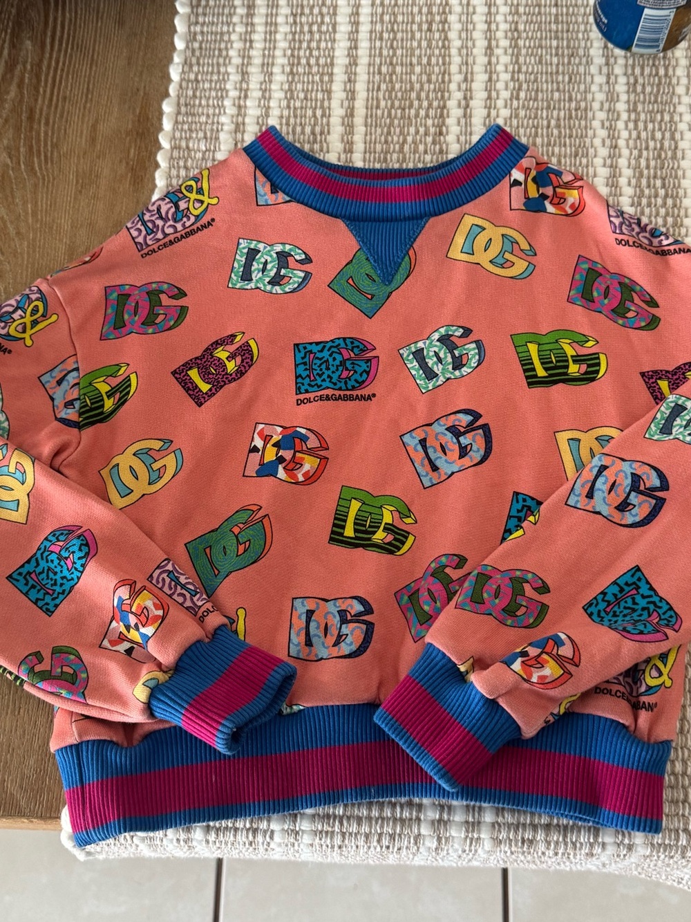 Dolce & Gabbana Kids Coral Pink Logo-Print Sweatshirt with Blue Trim